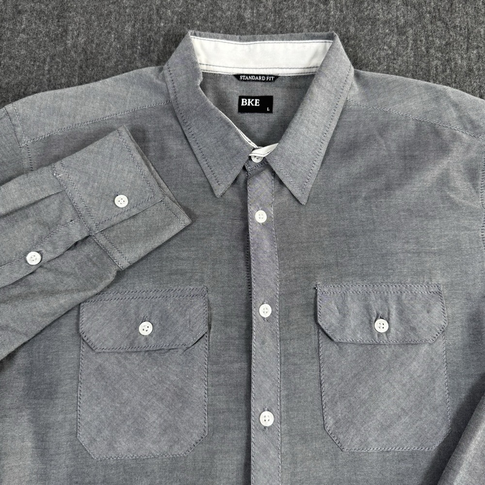 BKE Men's Large Standard Fit Gray Button Down Shirt Long Sleeve Dual Pocket